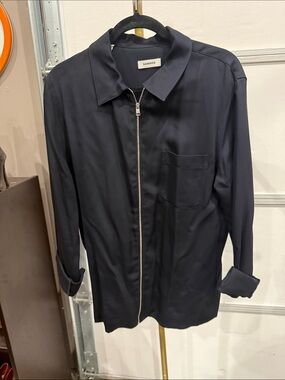 Sandro Dark Navy Zip-Up Shirt Jacket